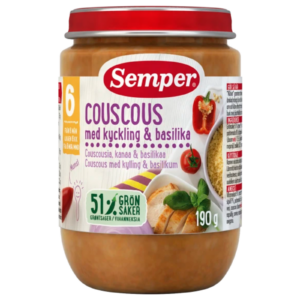 Couscous med kylling og basilikum. Lækkert måltid fra Semper, tilpasset barnets alder - kan gives fra 6 måneder. Ammenam