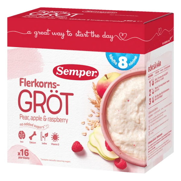 Semper Flerkornsgrød m. pære, æble & hindbær 8 mdr. - Ammenam.dk