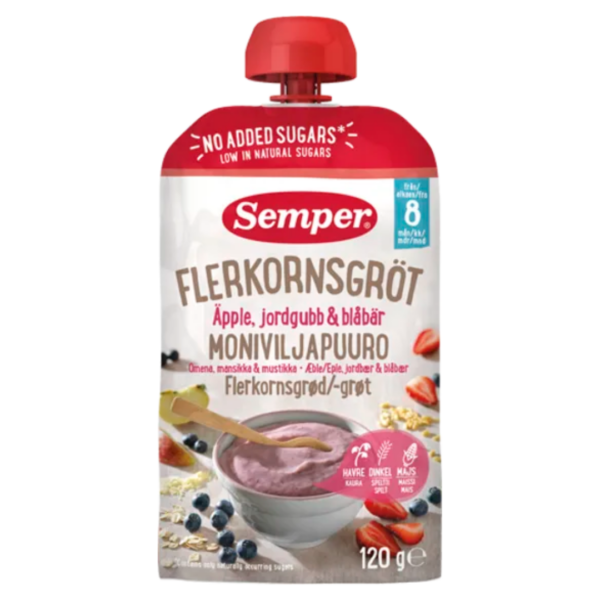 Semper Spiseklar flerkornsgrød med æble, jordbær & blåbær