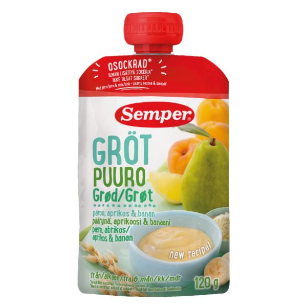 Semper spiseklar grød med pære og abrikos