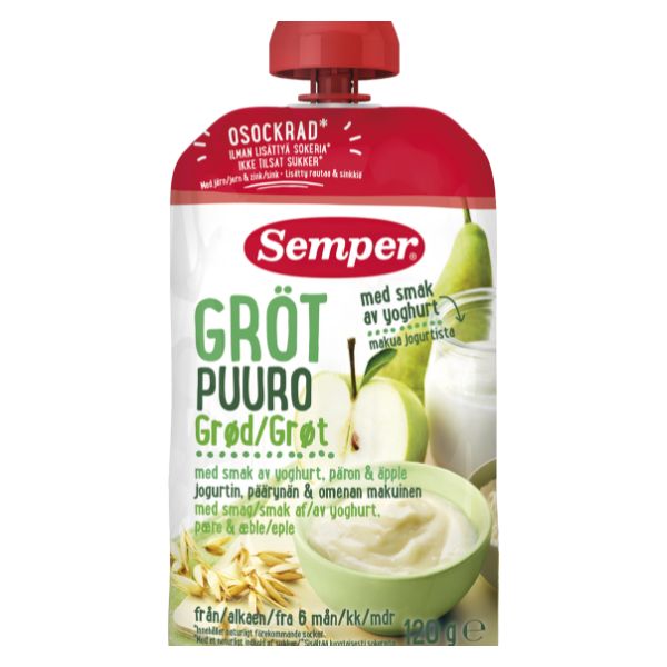 Semper spiseklar grød med yoghurt, æble & pære