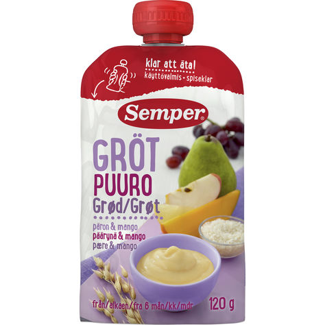 Semper spiseklar grød med pære & mango