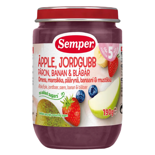Semper Mos med jordbær, æble, banan & blåbær på glas - ammenam.dk