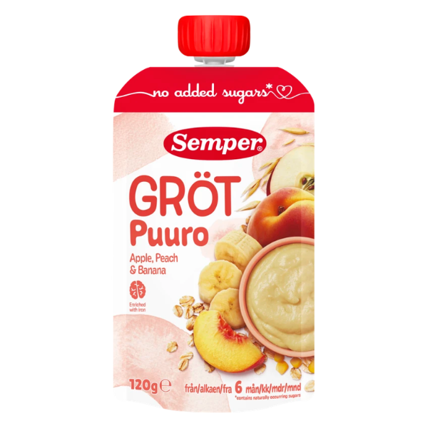 Semper spiseklar grød med æble, fersken og banan - Ammenam.dk
