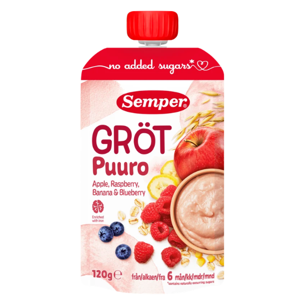 Semper spiseklar grød med æble, hindbær, banan og blåbær - Ammenam.dk