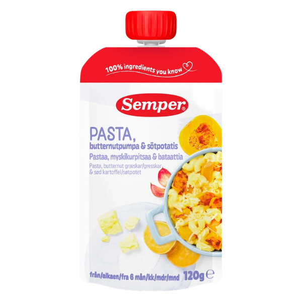 Spiseklar babymad m. pasta, butternut græskar & sød kartoffel - Ammenam.dk