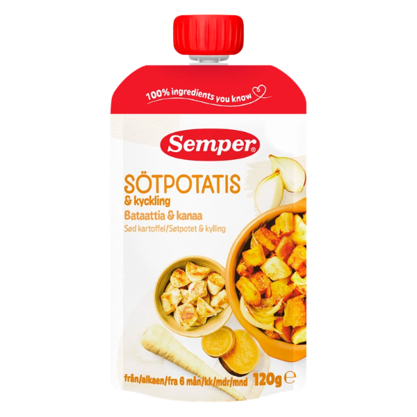 Spiseklar babymad m. sød kartoffel & kylling - ammenam.dk